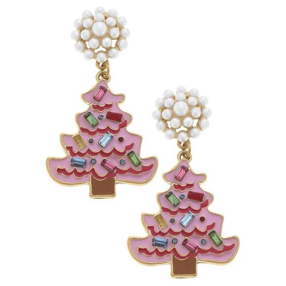 Rhinestone Christmas Tree Enamel Earrings in Pink - Picture 1 of 3